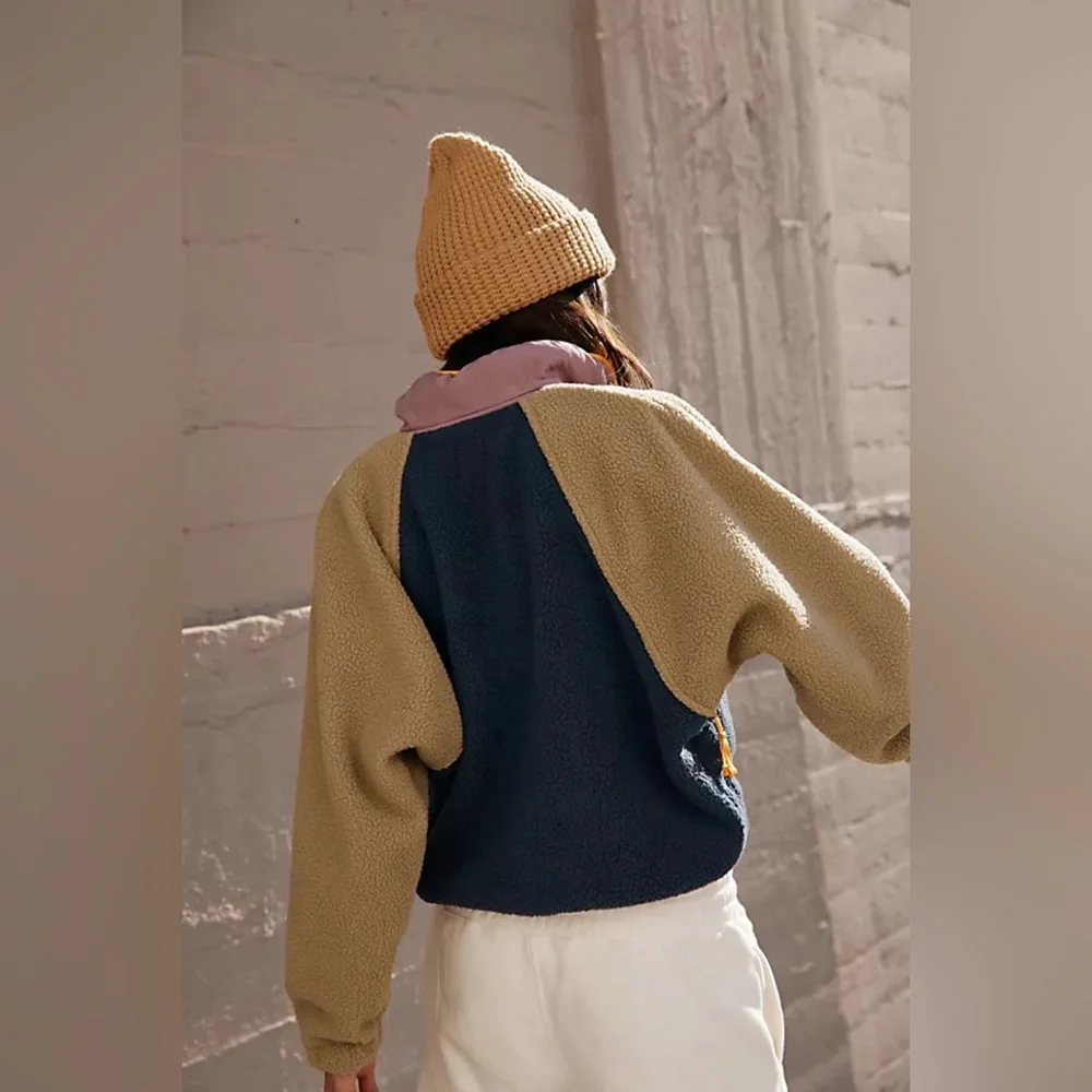 Free People Colorblock Teddy Jacket in Navy, Olive, Mauve & Mustard - Picture 8 of 10